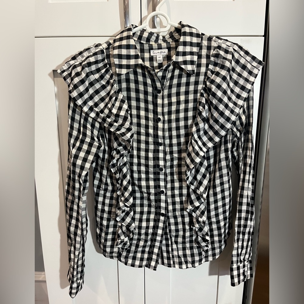 Love, fire black and white gingham shirt with ruffles, small